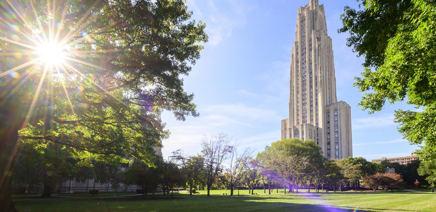 Sun breaking through trees in front of the Cathedral of Learning