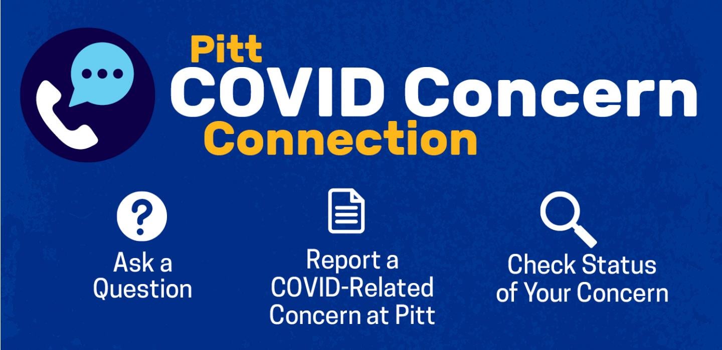 A blue sign that reads "Pitt COVID Concern Connection" with a photo of a telephone next to it