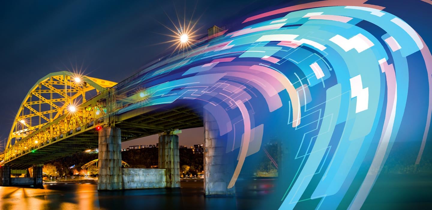 Graphic of a Pittsburgh bridge turning into data
