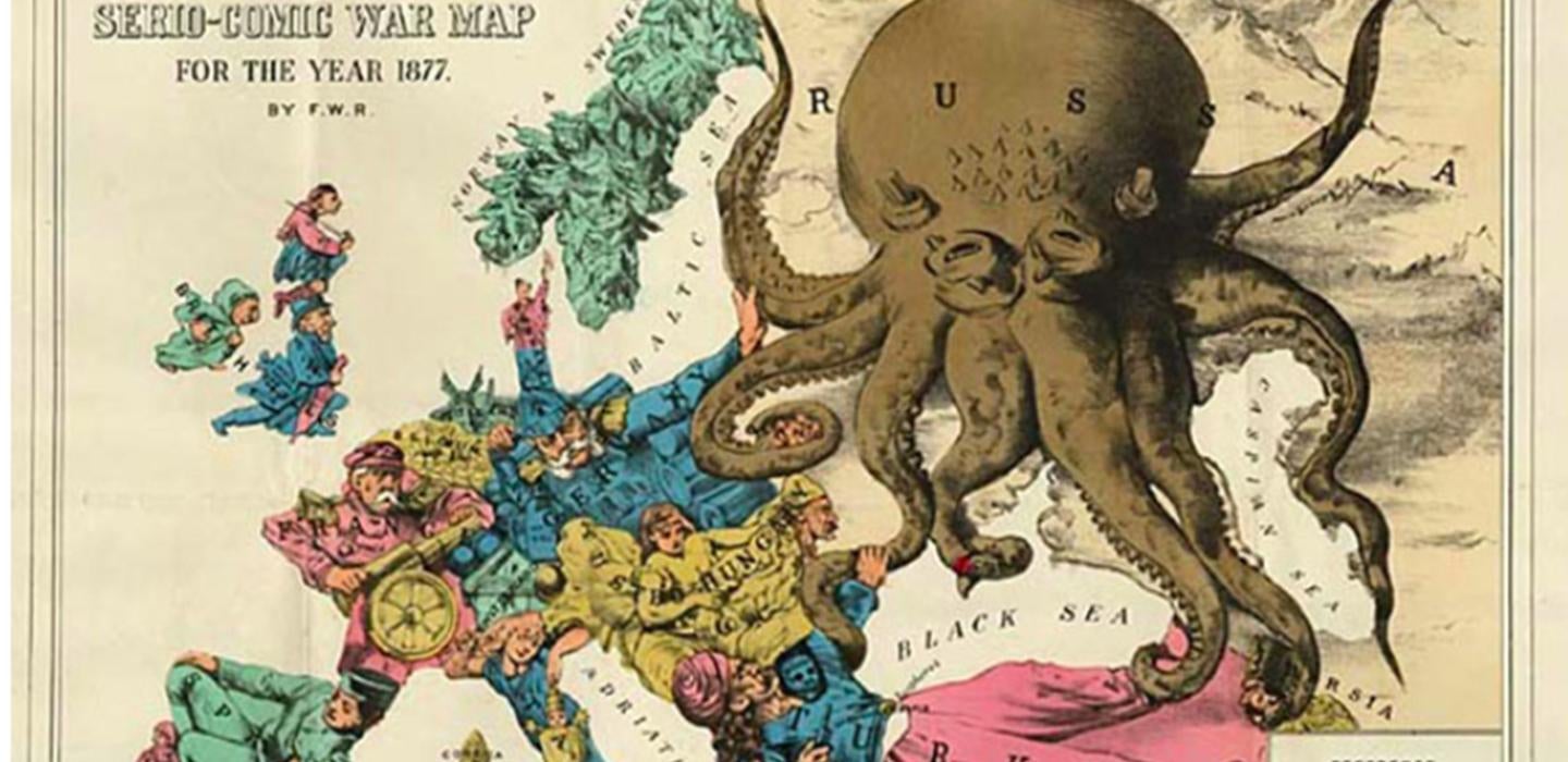An artist's depiction of a map with an octopus stretching over the Black Sea and Russia