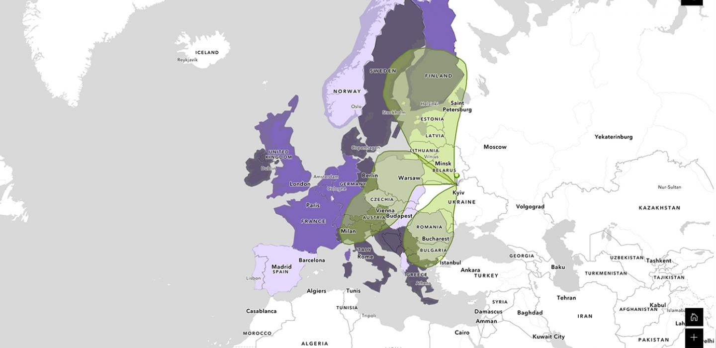 Map of Europe with countries in different shades of purple, with green shapes coming out of Ukraine