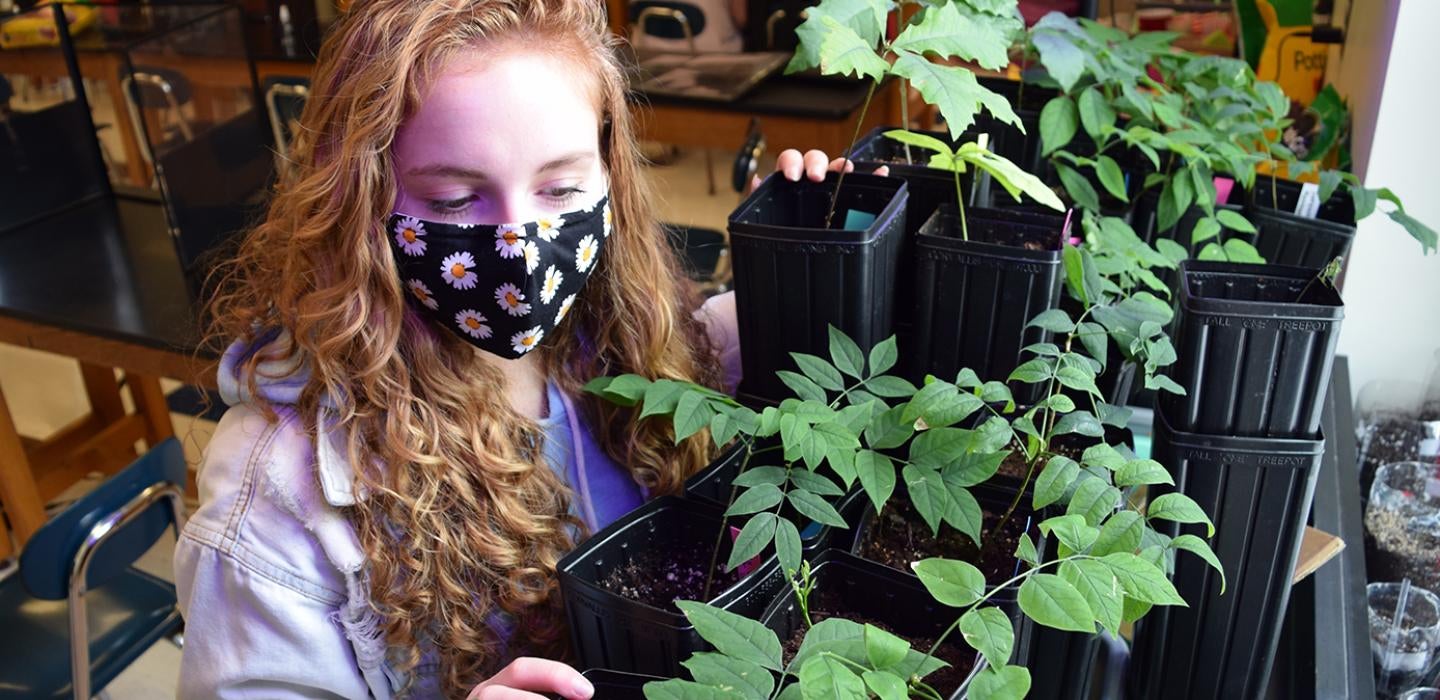 A student in a black face mask looks at plants