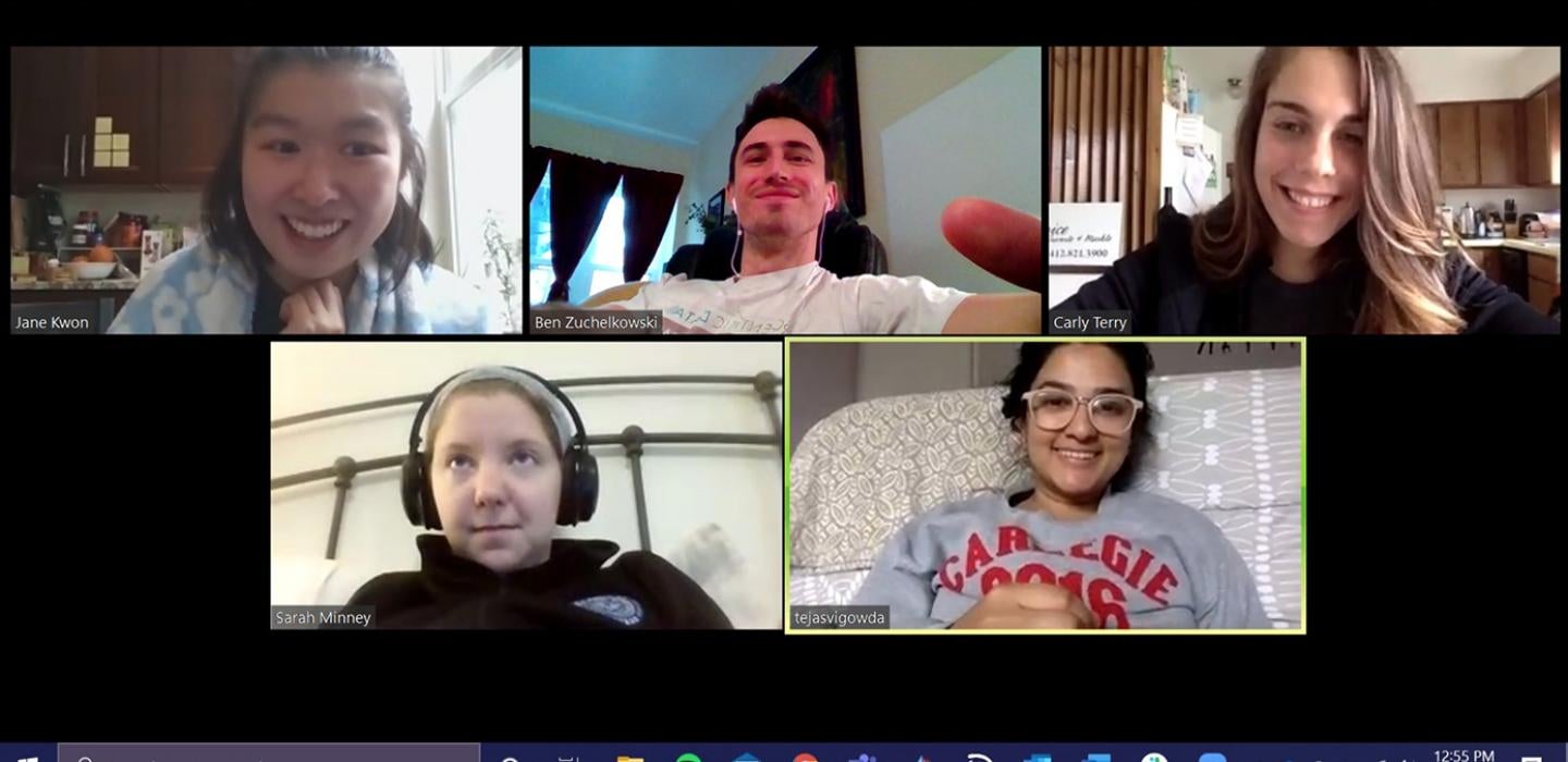 A Zoom video conference call with five medical students present