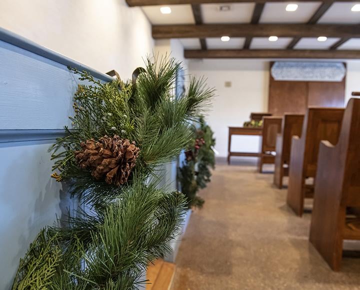 The Welsh room is modeled after a chapel and is adorned with garlands for the season.