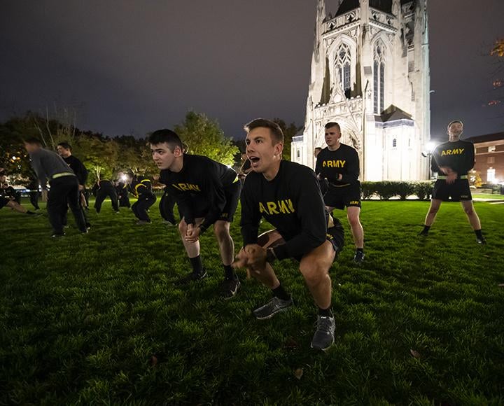 PT exercise on Cathedral Lawn during early morning hours