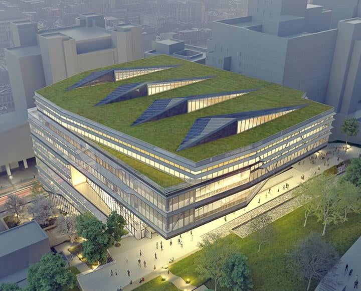A rendering of a building with a grassy top