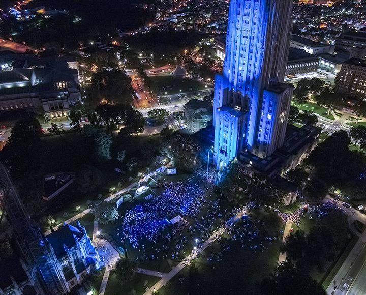 Lantern Night's crowd from above, glowing bright blue