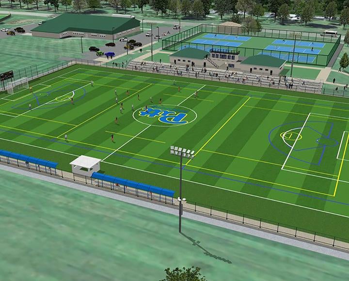 A rendering of a turf field and tennis courts, from above