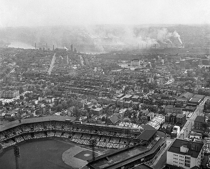 A black and white photo of Forbes Field and the South Side from the Cathedral of Learning