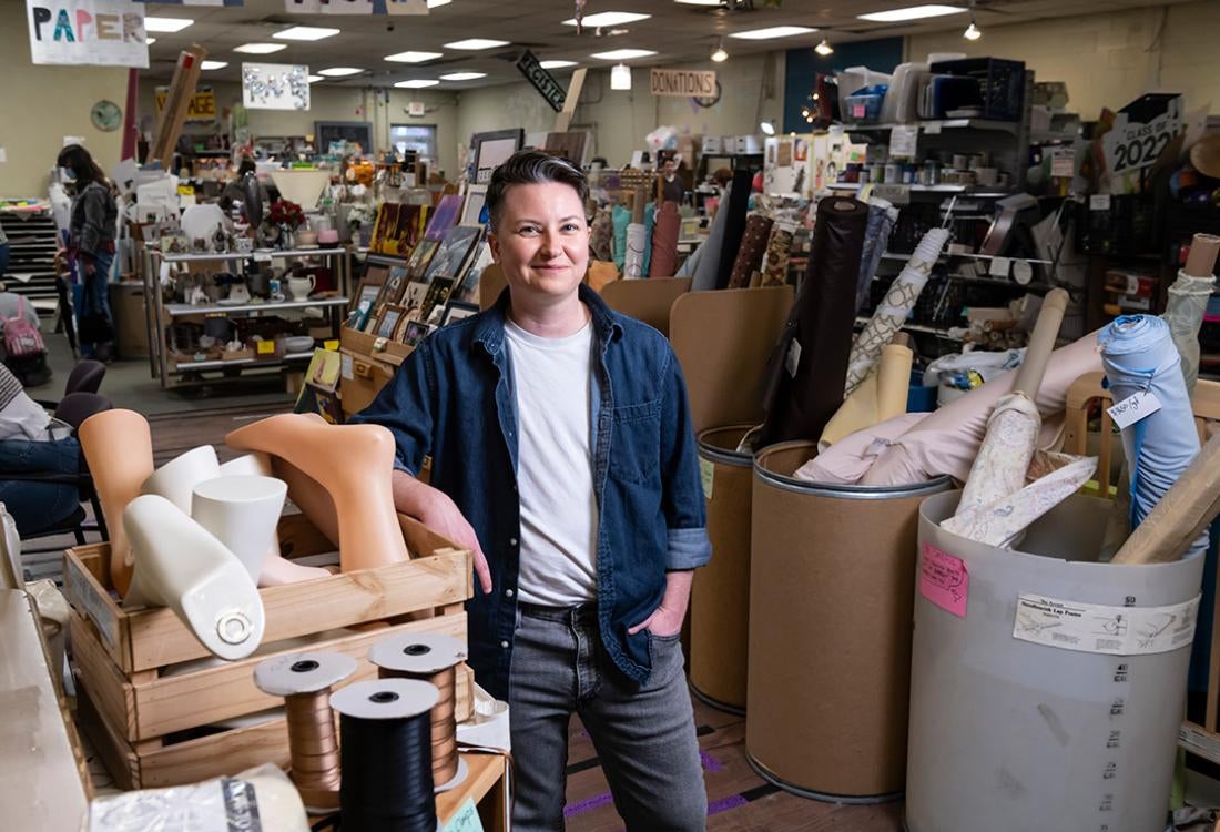 Andrews stands inside the Pittsburgh Center for Creative Reuse
