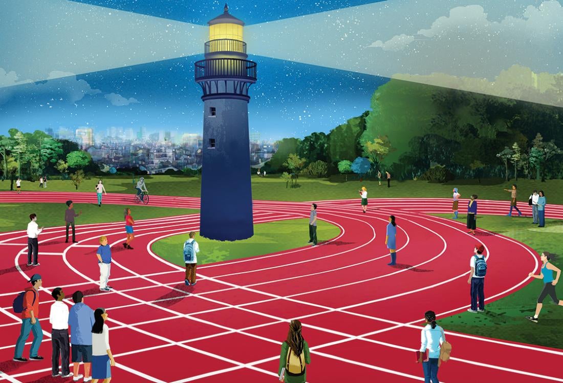 An illustration of people on a track looking up at a lighthouse