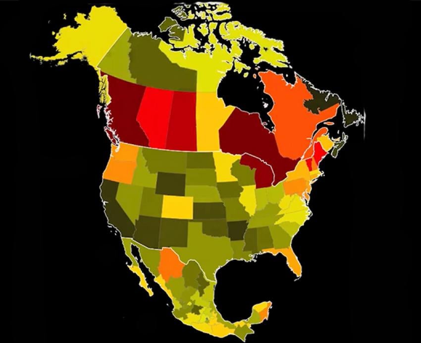 Map of North America marked with green, yellow, orange and red states