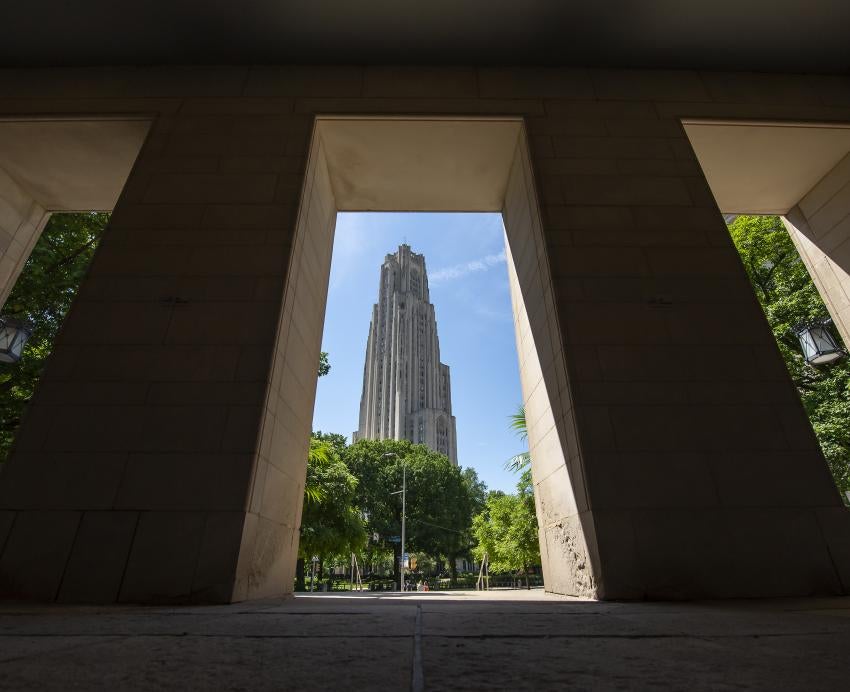 Cathedral of Learning viewed from between for two pillars
