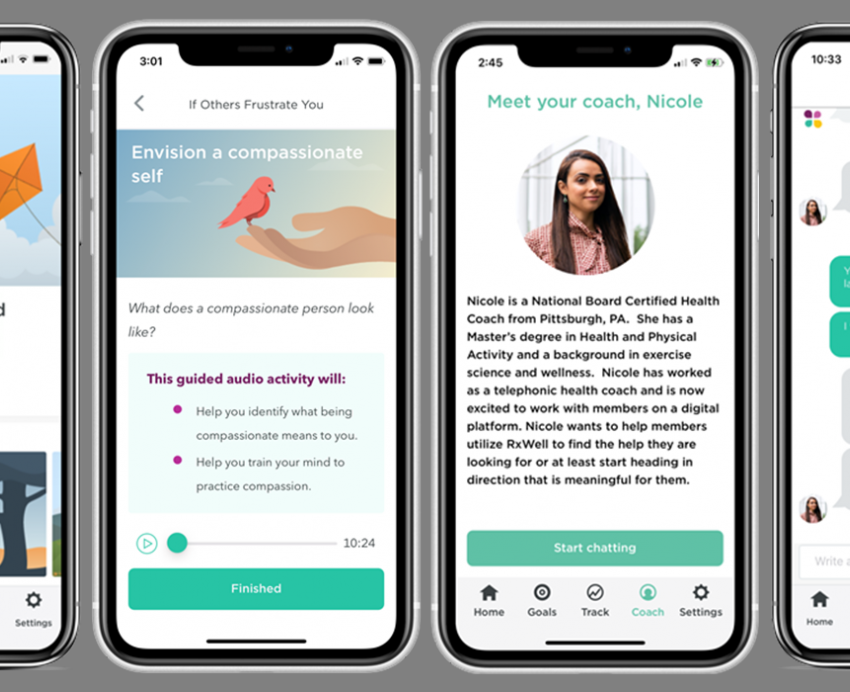 Several phone screenshots of Covid wellness phone app