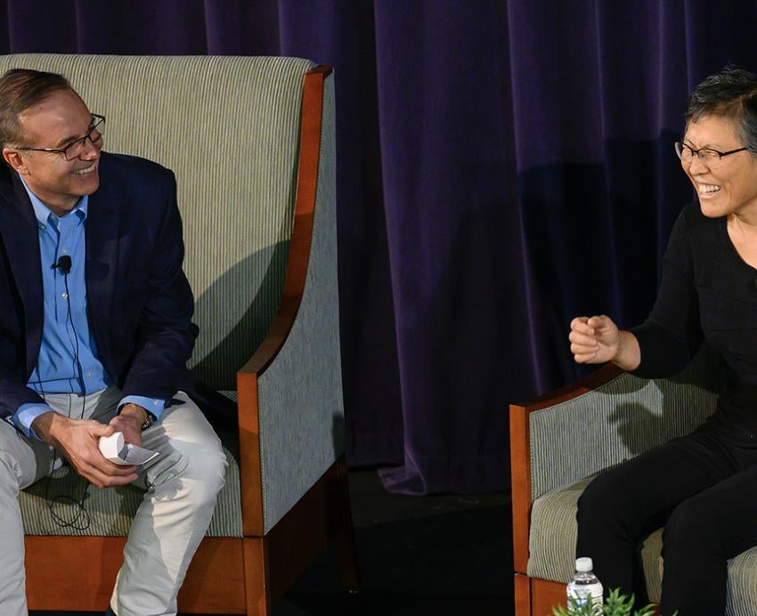 Eunice Yang speaking with Rich Lunak at the 2019 Wells Lecture