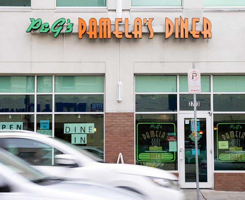 Pamela's Diner exterior with sign above the front door