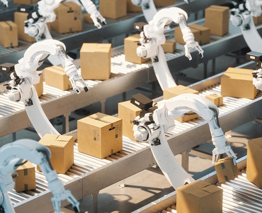 Factory line of robots moving boxes