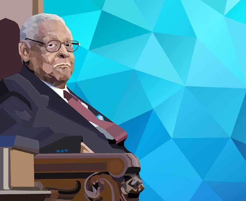 Illustration of K. Leroy Irvis sitting in chair with blue background