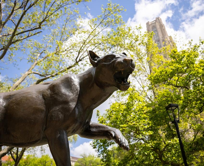 Panther statue in front of the Cathedral of Learning on a sunny day