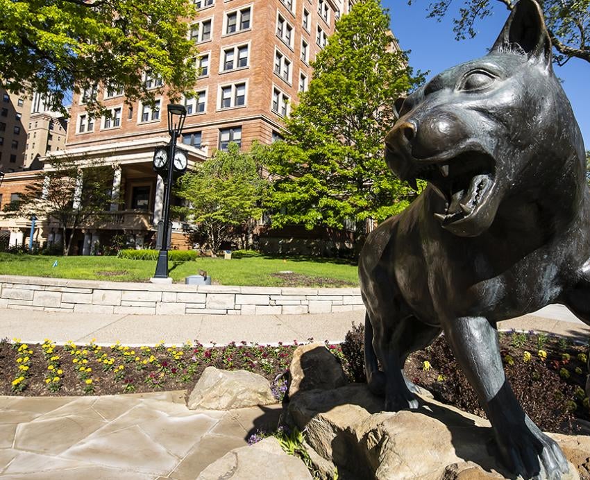 Panther statue on Pitt campus during a sunny day
