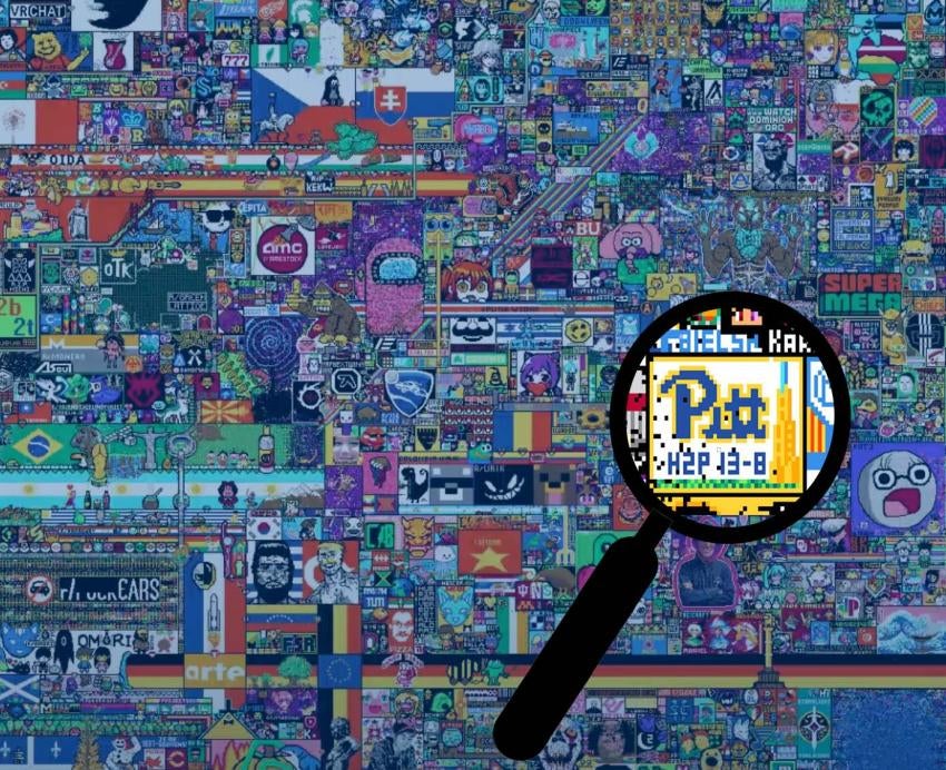 a chaotic collage of pixelated images with the Pitt logo magnified 