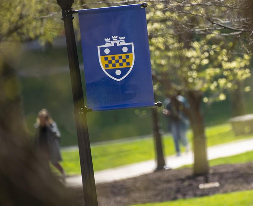 Blue and gold Pitt symbol on flag during sunny day on campus