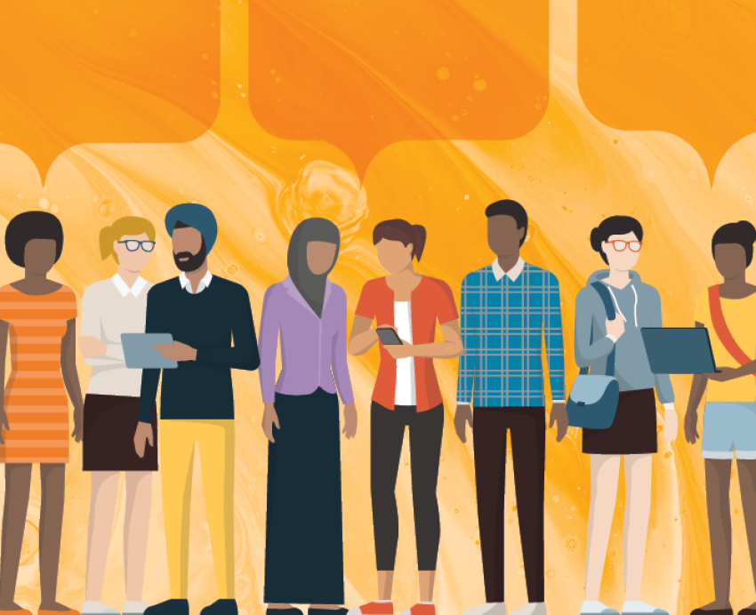 An illustration of various people standing under orange speech bubbles