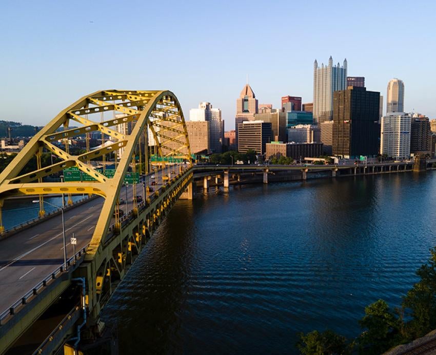 The Fort Pitt Bridge leads into Downtown Pittsburgh