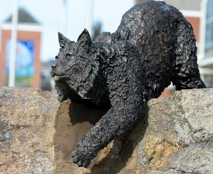 A metal statue of a bobcat
