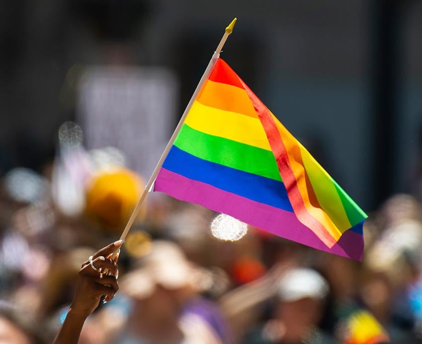 A pride flag held up from a crowd