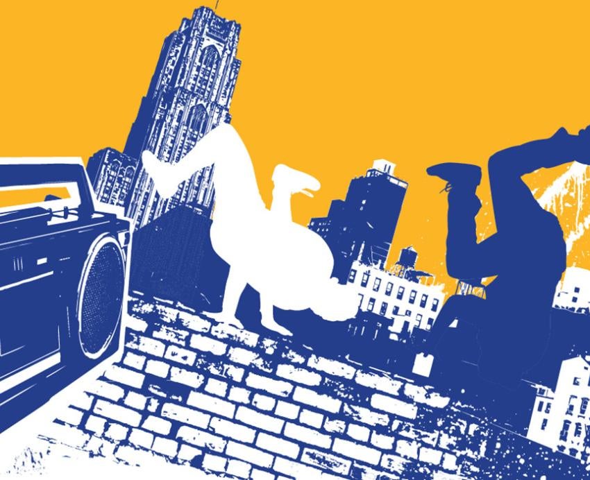 An illustration of breakdancers by a beatbox in front of University of Pittsburgh buildings.