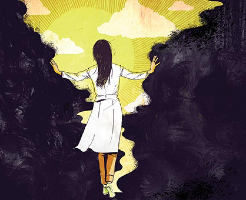 An illustration of a person in a white dress pushing black clouds away to show a yellow sky