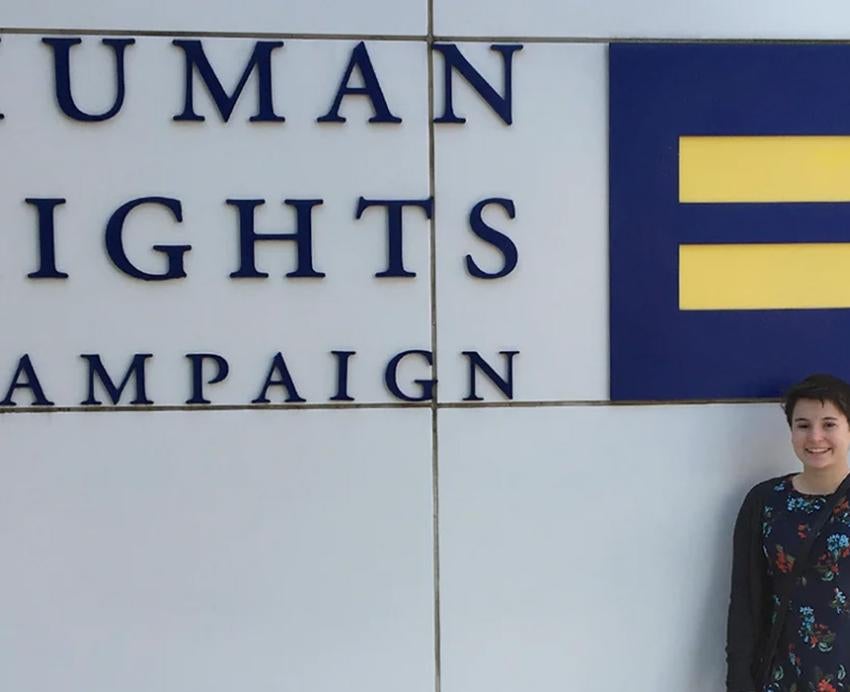 Kelley in front of the Human Rights Campaign building