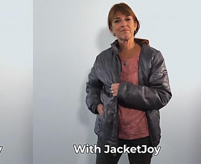 A woman in two frames demonstrates putting on a jacket with and without an assistive device