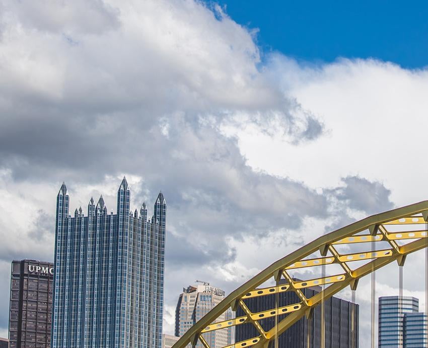 A bridge and parts of the Pittsburgh skyline