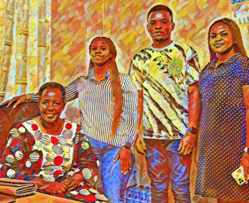 illustration of Theresa Kaijage in her office in Dar es Salaam with three students standing next to her.