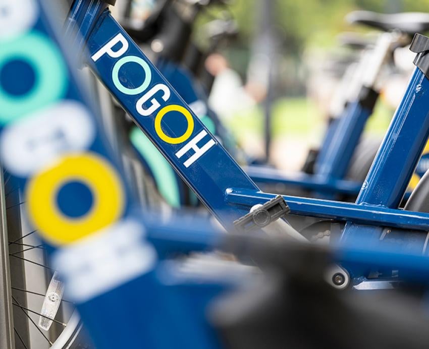 The POGOH logo on a blue bike