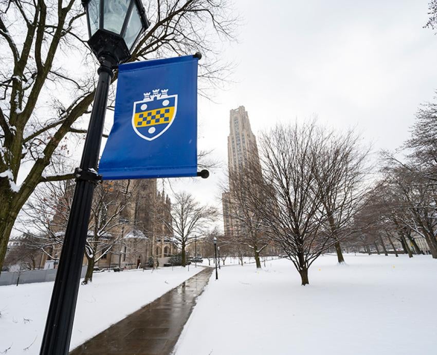 A Pitt shield flag on a lamppost next to a path to the Cathedral of Learning on a snowy day