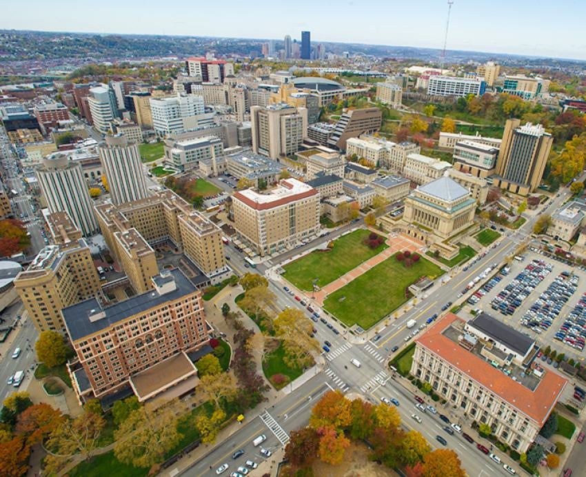 A drone shot of the University of Pittsburgh campus