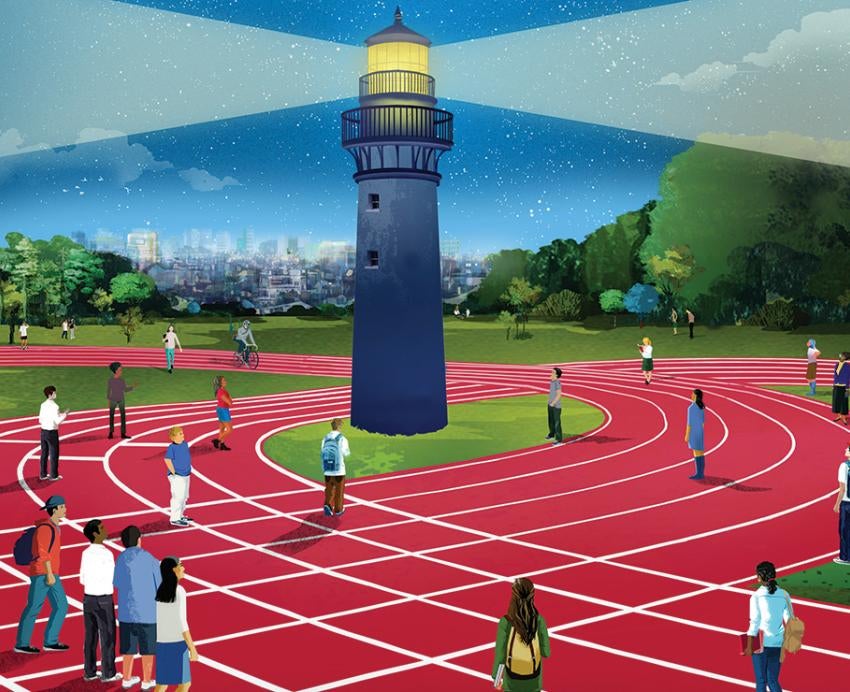 An illustration of people on a track looking up at a lighthouse