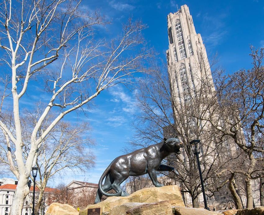 A Panther statue in front of the Cathedral of Learning