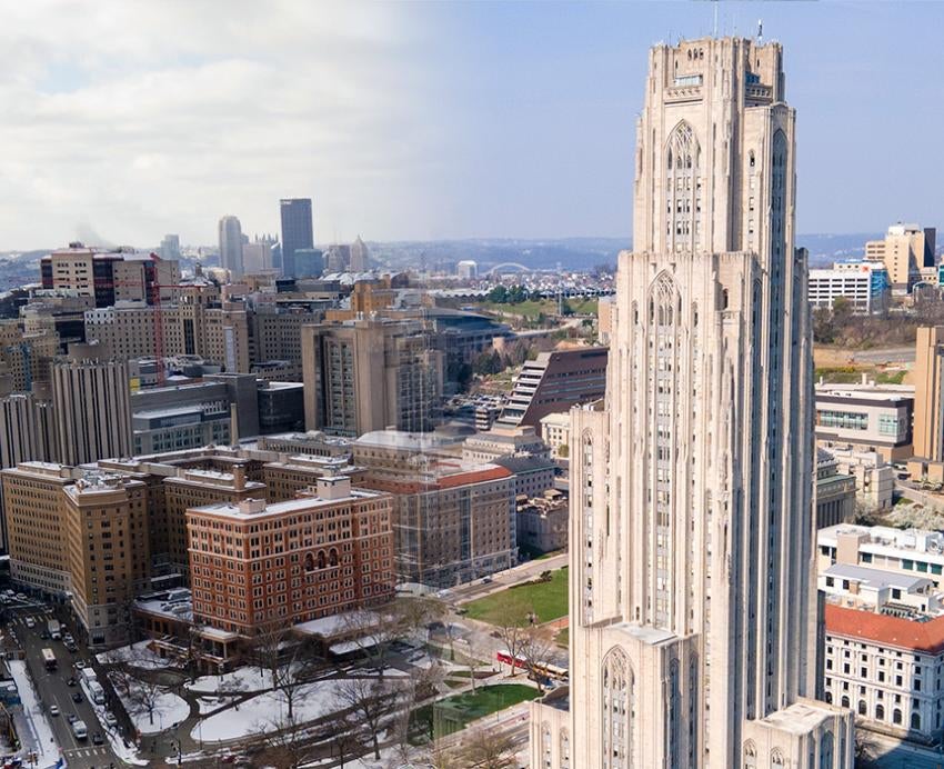 A drone shot fades from Pitt's campus on a snowy day to a sunny day