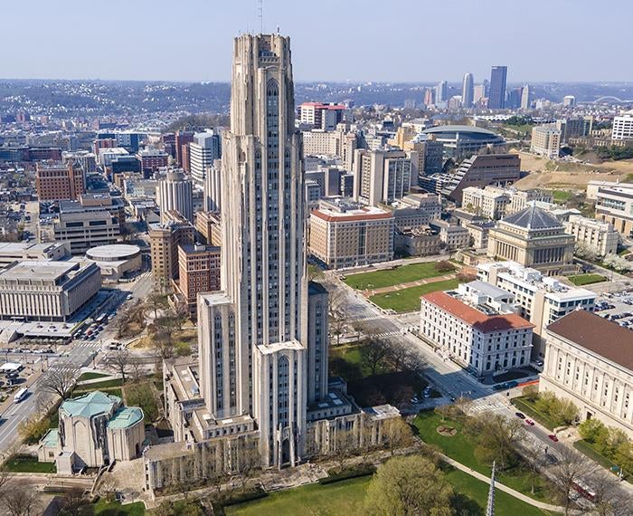Cathedral of Learning aerial shot with view of city in the background