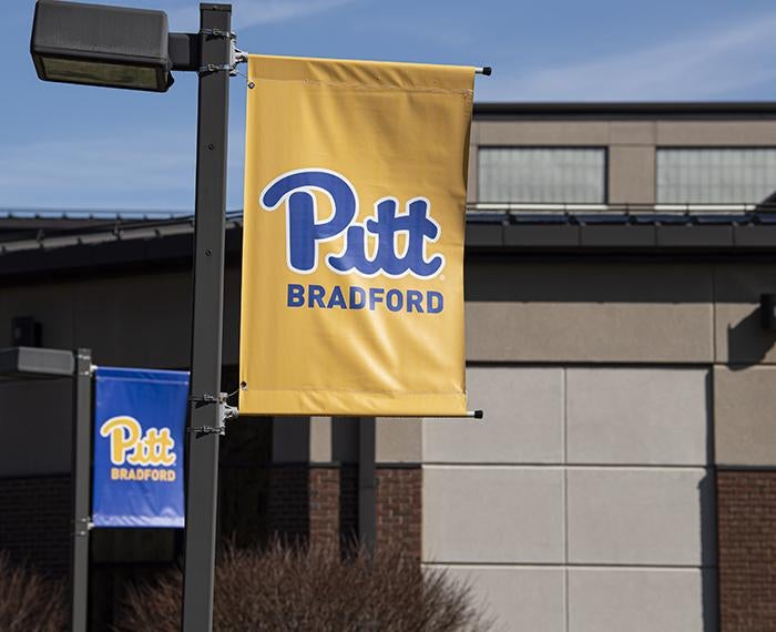 Two blue and gold Pitt-Bradford flags on campus 