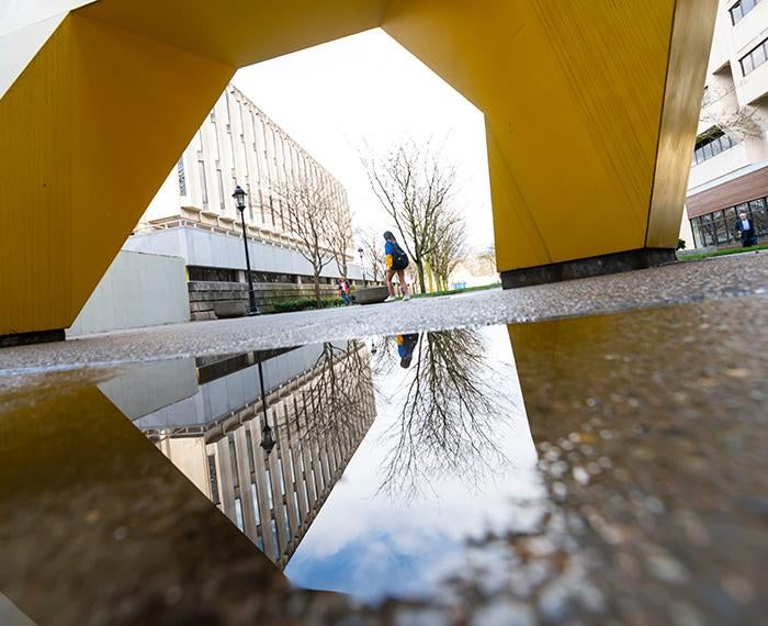 A puddle reflects a building on the pavement