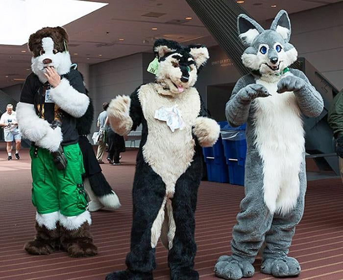 People stand in dog and wolf fursuits