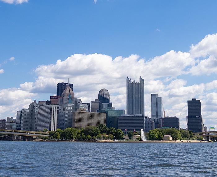 The Pittsburgh city skyline seen from the Ohio River