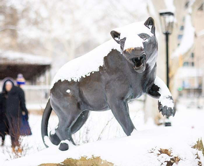 A snow-covered panther statue