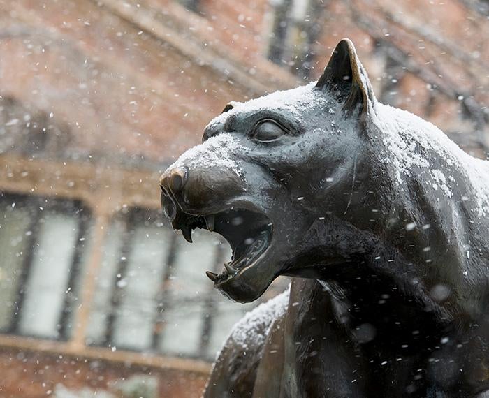Snow falls on a panther statue's face