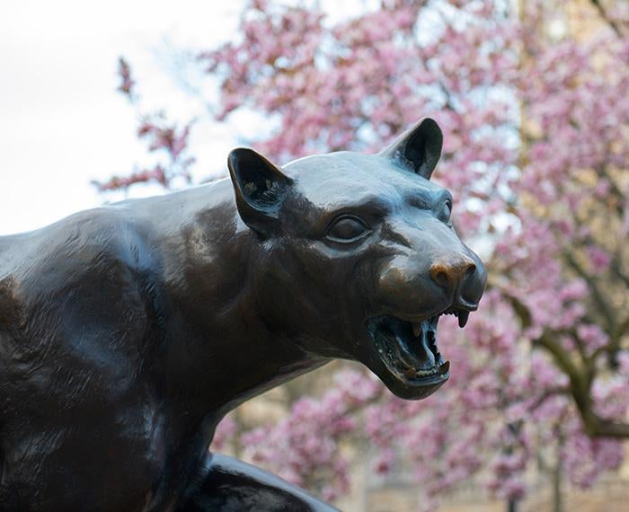 A panther statue in front of a pink flowering tree